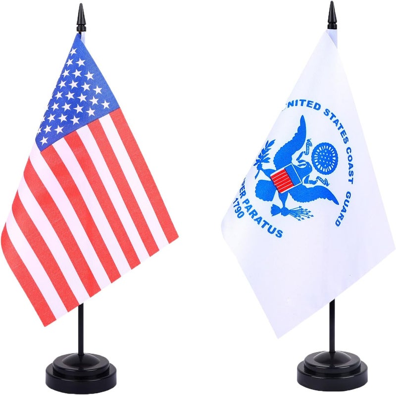 WXTWK 2 Pack USA Coast Guard Flag Coast Guard Deluxe Desk Flag Set - Mini Small US Military Table Office Flags with Black 12" Solid Pole Stand Base July 4th Veteran Party Memorial Day Decorations - Image 1